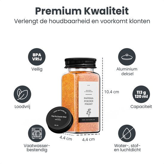 Organess 28 Glazen Kruidenpotjes Vierkant met Zwarte Deksel – 3 Soorten Strooideksels – Kruidenstrooier – Spice Jars – Complete Set incl Kruiden Stickers, Krijtstift en Accessoires – 120ml