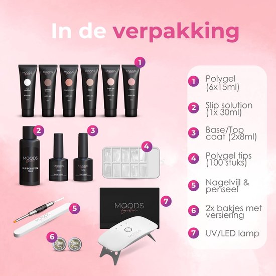 Moods Gellac - Luxe Polygel Set - Polygel Nagels Starterspakket - Inclusief UV LED lamp - 6 Kleuren - The Nude
