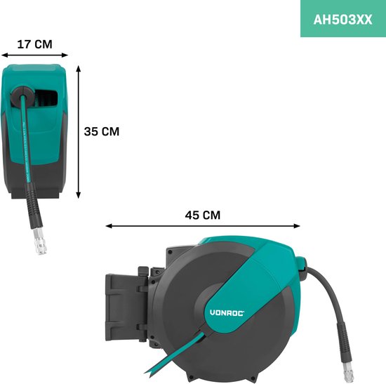 VONROC PRO Automatische Luchtslanghaspel – Luchthaspel – Incl. 15 meter luchtslang, 1 meter aanvoerslang en wandmontageset – 17 bar/250 PSI - Universele EURO/DIN 7.2mm koppeling