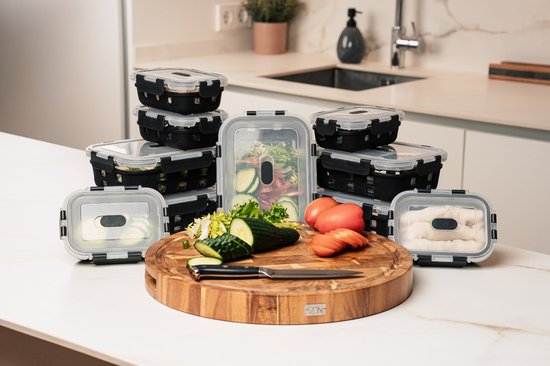 VDN Glazen Meal Prep Bakjes met Silicone Sleeve – 10 Delige Set Vershoudbakjes van Borosilicaatglas – Luchtdicht & BPA Vrij – Magnetron met Ventiel, Oven, Vriezer & Vaatwasser Bestendig – 5x1040ML & 5x370ML