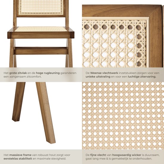 tectake® Houten Stoel Lizzy - Licht Eiken - Eetkamerstoel met Weens Vlechtwerk - Boho-Stijl Stoel met Rugleuning - Massief Houten Frame - Belastbaarheid 120 kg