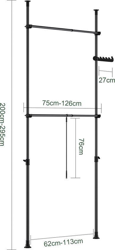SoBuy Telescoop Kledingrek - Verstelbaar Opbergsysteem - Klerenrailsysteem - B(75–126) × H(200–295) cm, Zwart, FRG109-II-SCH