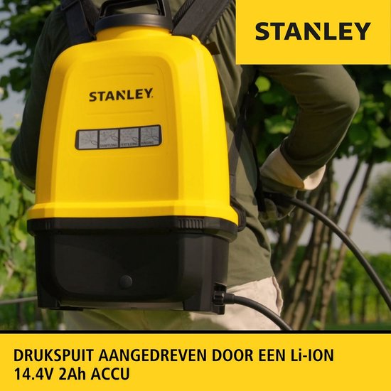 Stanley Druksproeier 16 L rug, rugsproeier tuin, drukspuit, elektrisch, heroplaadbare batterij lithium, telescopische lans, regelbare sproeikop, autonomie 2 h, max. 5 bar, 0.60 l/minuut, geel/zwart