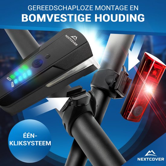 NEXTCOVER® Fietslampjes LED Set 80 Lux Basic - Wit en Rood met "LightSense" sensor schakelaar inbouw en 11u batterijduur - USB oplaadbaar & waterdicht - StVZO (Duitsland) goedgekeurd- LED fietslicht voor fietslamp & fietsachterlicht, fietsverlichting