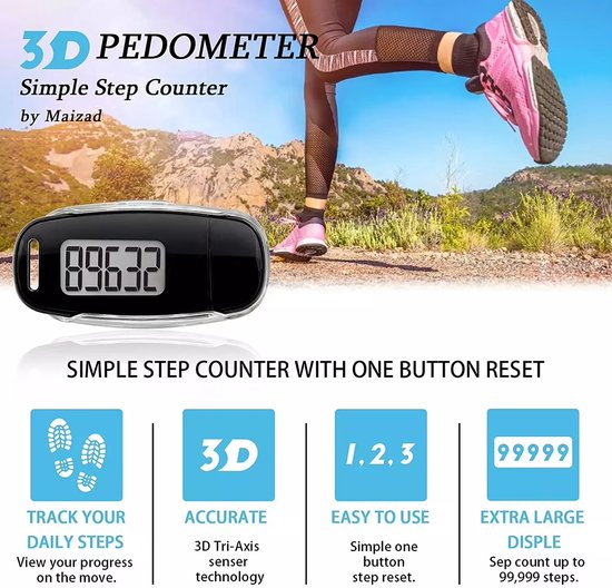Garpex® Stappenteller met Clip en Draagkoord - USB Opladen - Activity Tracker - Pedometer - Groot Scherm - Broekzak - Zwart