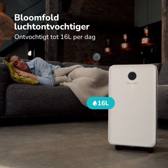 Bloomfold Luchtontvochtiger - 16L per Dag - Incl. Was-droog Functie - Geschikt voor Woonkamer, Slaapkamer, Kelder & Badkamer - Dehumidifier - Wit