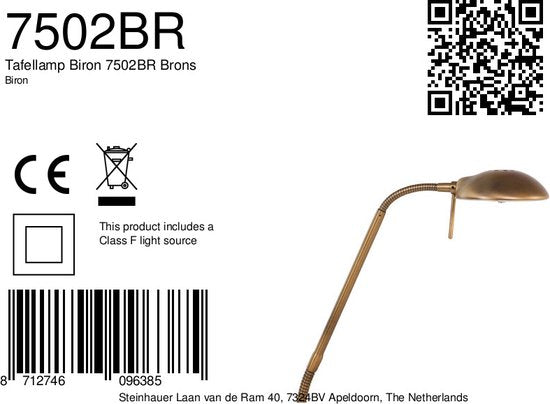 Bronskleurige tafellamp Biron 1 lichts 7502BR met draaibare en kantelbare arm, 48 cm, van metaalmateriaal, Mexlite