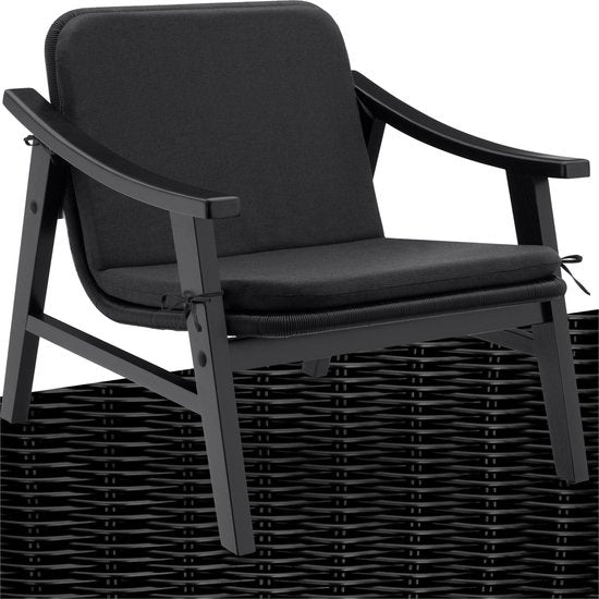 tectake® Tuinstoel - Houten Stoel voor Balkon of Tuin - Rieten zitting - Buitenfauteuil - Draagvermogen tot 150kg - Stoel voor binnen of buiten - Incl. kussen - zwart