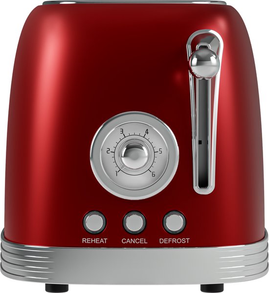 KitchenBrothers Retro Broodrooster - Toaster - 6 Warmteniveaus - 2 Extra Brede Sleuven - 815W - Rood
