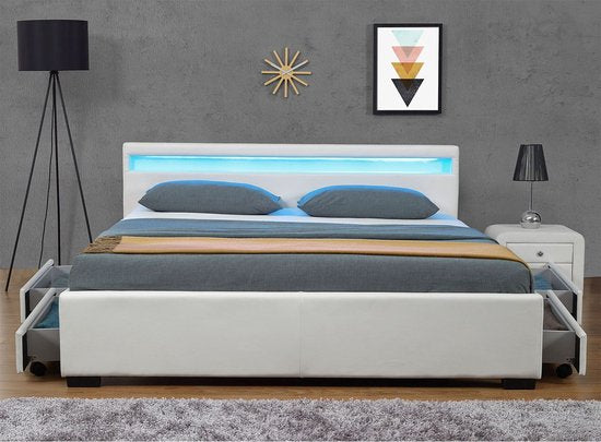 Juskys Gestoffeerd bed - 140 x 200 cm - Wit - LED Verlichting & Bedlades
