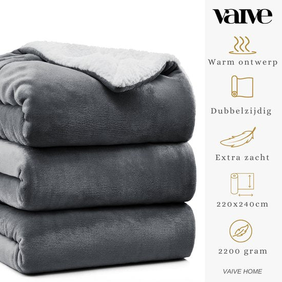 VAIVE Luxe Sherpa Fleece Deken 220x240 cm - Superzacht - Plaid voor Bank, Bed of Woonkamer Decoratie - Dekens - Plaids - Dekentje – Grijs