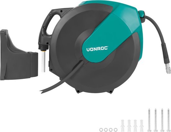 VONROC PRO Automatische luchtslanghaspel – Luchthaspel – Incl. 30 meter luchtslang, 2 meter aanvoerslang en wandmontageset – 17 bar/250 PSI - Universele EURO/DIN 7.2mm koppeling