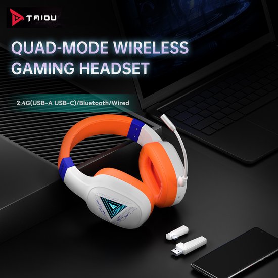 TAIDU THS320Pro - 2.4GHz Draadloze Gaming Headset - Bluetooth koptelefoon - met microfoon - Geschikt voor PS4/PS5, Nintendo Switch - Multiplatform - Wit Oranje