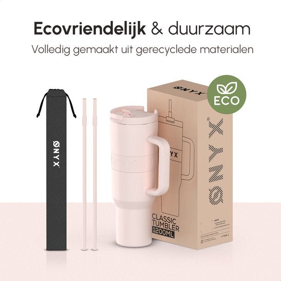ONYX Drinkfles met Rietje 1.2 Liter - Waterfles voor Kinderen & Volwassenen - Thermosbeker Travel Mug - Motiverende Drinkbus - Drinkbeker voor School - Roze