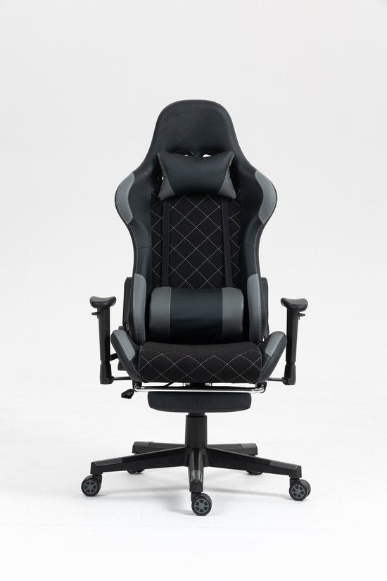 VDD Gaming - Gamestoel - Gamestoel met Voetsteun - Gamestoel zwart - Gaming Stoel - Bureaustoel gaming - Ergonomische Bureaustoel - Met Nekkussen & Verstelbaar Rugkussen - Game stoel Met Voetsteun - Ergonomische Game Stoel - Draaistoel- Zwart & Grijs