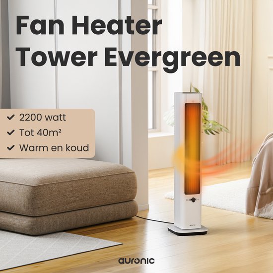 Auronic Elektrische Kachel - Keramische Kachel - Toren Kachel - 2200W Heater - Wit