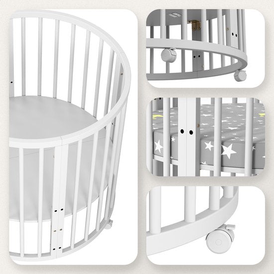 Flowsense Baby Box – Ronde Speelbox Box – Met Matras – Verstelbare Hoogtes – Wielen - Wit