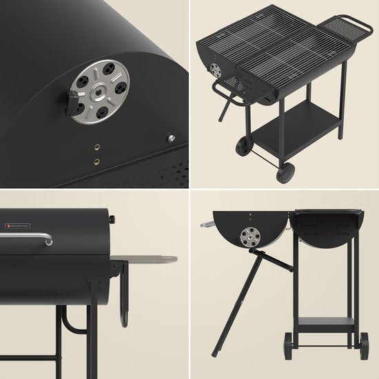 KitchenBrothers 2-in-1 Houtskool BBQ XL met Verstelbare Luchtroosters - Zwart - 52 x 131 x 110 cm
