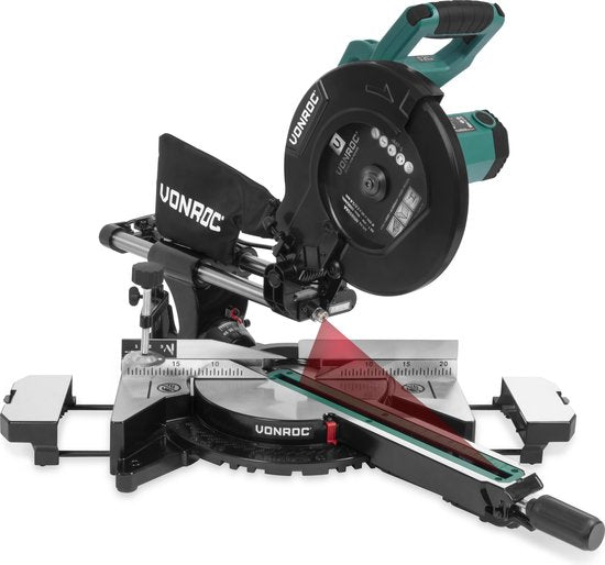 VONROC PRO afkortzaag - kapzaag - verstekzaag – 2200W - Ø255mm – Zaagt hout, kunststof en metaal – Instelbare snelheid – Zaagcapaciteit 340mm –Verstelbare tafelverbreders – Trekfunctie – Kantelbaar – Lengtestop - Incl. zaagblad, laser & LED