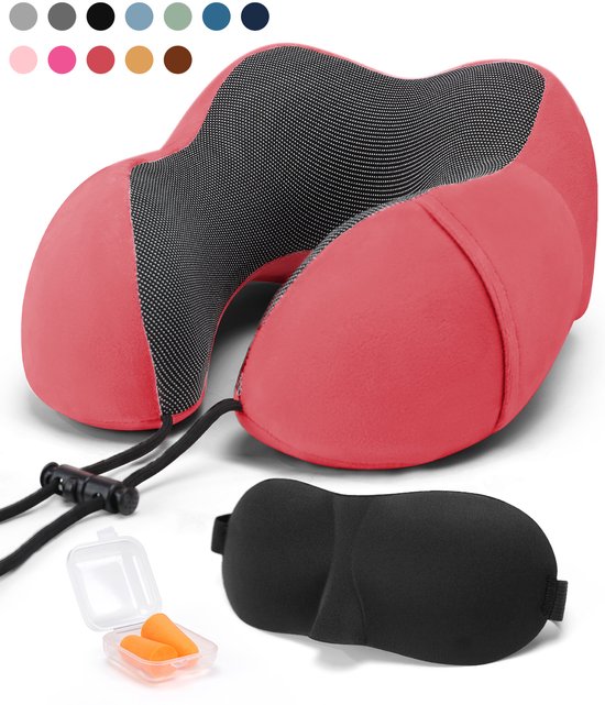 SC Travel Essentials - Nekkussen Set 3-delig - Ergonomisch Memory Foam Reiskussen met Oogmasker en Oordoppen - Ideaal voor Vliegtuig, Auto en Trein - Compact en Luxe - Rood