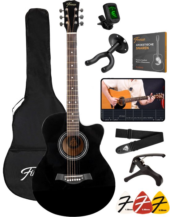 Finesse Akoestische Gitaar - met Videocursus - 4/4 40" - Western Gitaar - Gitaar Kind & Volwassenen - Zwart