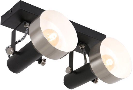 Spot plafondlamp Acier 3338ZW Zwart 2 x E27 fitting, Draaibaar en kantelbaar, Kunststof en Metaal, Modern, Mexlite