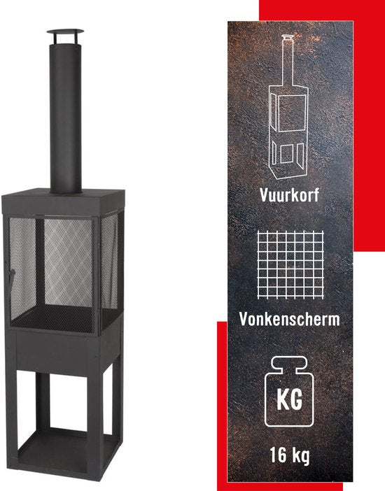 BBQ Collection Houtkachel met Schoorsteen - Tuinhaard 194 x 44 x 47 cm - Terrashaard met Vonkenscherm - Terraskachel met As-Opvangbak en Brandhout Opslag - Houtkachel Tuin - Carbon Staal