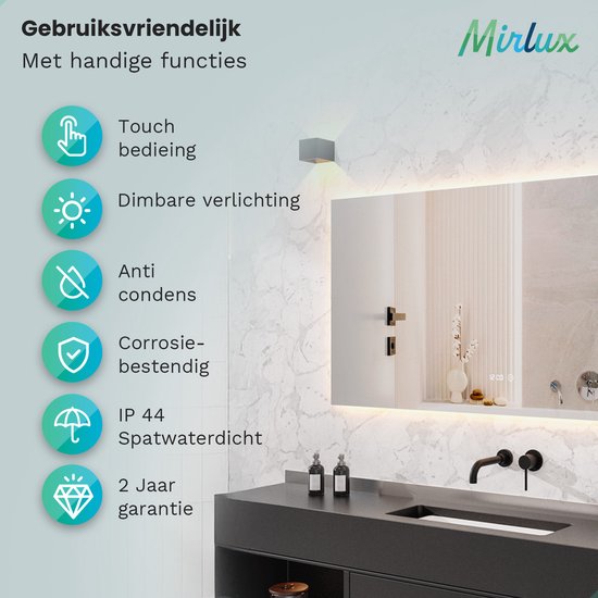 Mirlux Badkamerspiegel met LED Verlichting & Verwarming – Rechthoekige Wandspiegel – Anti Condens Douchespiegel - 160x80CM