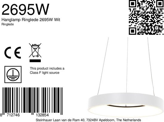 Hanglamp Ringlede 2695W Wit rond 48cm elektrisch verstelbaar hoogte met kunststof en metaal Steinhauer Modern