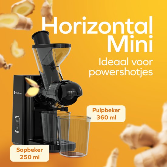 KitchenBrothers Slowjuicer - Mini Juicer - Groenten en Fruitpers - 40 mm en 50 mm invoer - 400 ml - Zwart