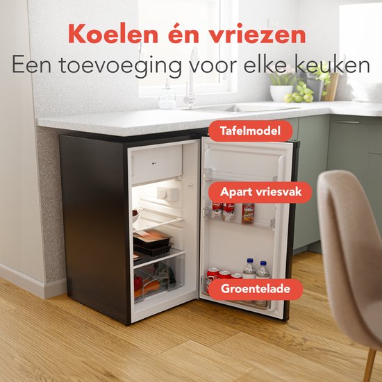 KitchenBrothers Koelkast - 88L Koelvak - 14L Vriesvak - Koelvriescombinatie - IJskast - Frigo - Vrijstaand - Zwart