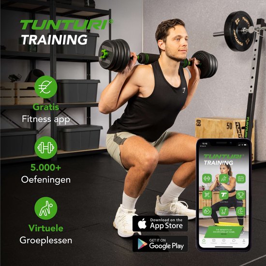 Tunturi Halterset en Dumbbells Vinyl 20 kg – Gewichten Set met Kettlebell en Barbell – Opdruksteunen - Schroefsluiting 30 mm – Anti-Slip Grip