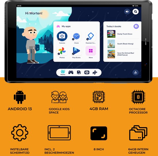 Denver Kindertablet - Android 13 – Ouderlijk Toezicht - 4GB RAM - 64GB intern geheugen - 8 Inch - . Blauwe en Roze Tablethoes - TIO80105K