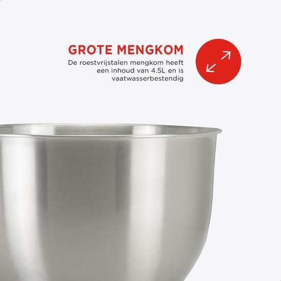 Bourgini Classic Kitchen Chef Keukenmachine & Mixer – 4,5L RVS Mengkom – 1300W – 6 Snelheden + Pulse – 38,5 x 22,3 x 31,8 cm – Zwart
