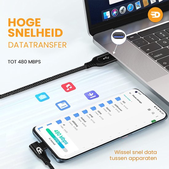 Drivv. USB naar USB C Kabel - Haaks - USB C Data en oplaadkabel - Fast Charge / Snellader - 3 Meter - Geschikt voor Samsung, iPhone 15 en Meer -Zwart