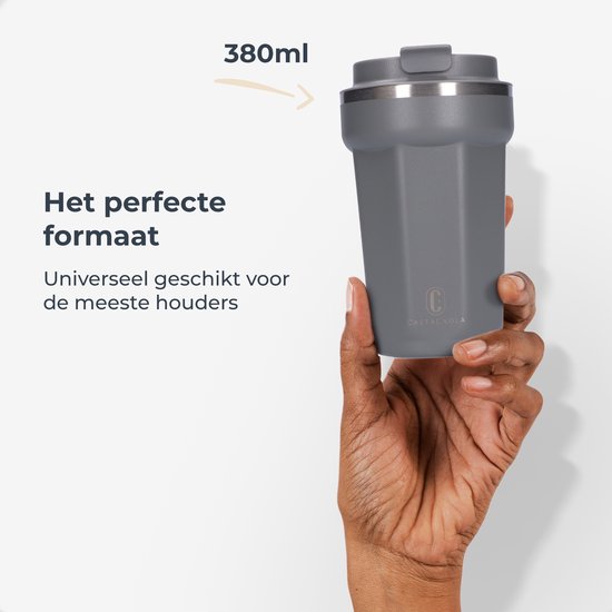 Castagnola Thermosbeker - Koffiebeker To Go - Travel Mug voor Koffie en Thee - Theebeker - 380 ML - RVS - Grijs - Octagon