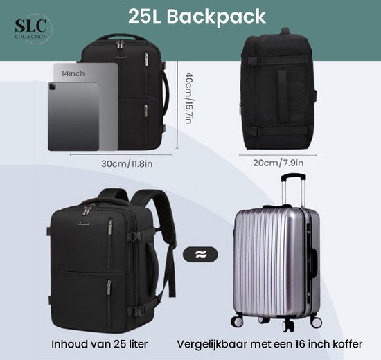 SLC-Collection - Zwart – Rugzak - 25 Liter - Transavia - Handbagage - 40x30x20cm - 14 Inch Laptop - USB Poort - Laptoptas - Dames - Heren - Reistas – Koffer - 10XS