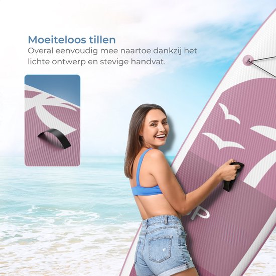 Supper Sup Board XL - Max. 220KG - Opblaasbaar – Paddle Board – Waterdicht Telefoonhoesje – Pomp – Vin – Leash – Draagtas – 335 x 81 cm - Roze
