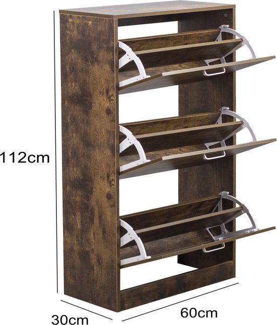Schoenenkast - Schoenenrek met 3 Vakken met Klepdeuren - Donkerbruin Walnoot Kleurig - 112x60x30 cm