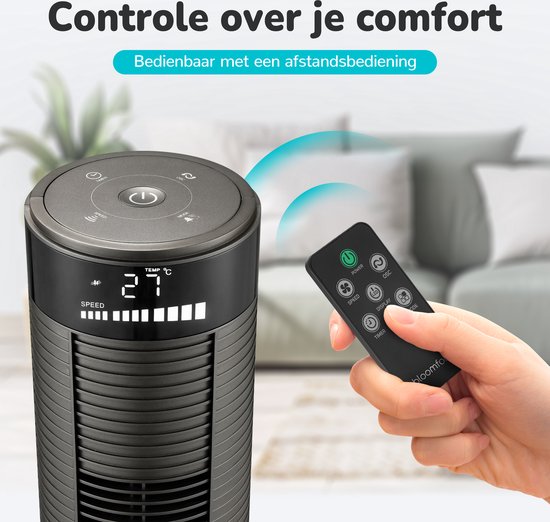 Bloomfold Toren Ventilator - 38 inches - Grijs - Afstandsbediening - Slaapstand - 12 uur Timer - Full Led Display