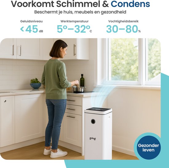 Gologi Luchtontvochtiger met App - Ontvochtigt Tot 20L Per Dag - Was-droog functie - Voor in huis - Geschikt Voor Kelder, Slaapkamer, Badkamer en Woonkamer - Dehumidifier - Vochtvreter Tegen Schimmel - Wit