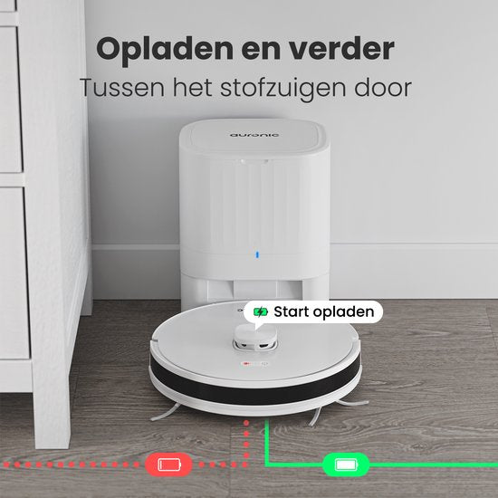 Auronic Robotstofzuiger - Met Dweilfunctie - WiFi en App - Laadstation - Huisdieren - Dweilrobot - Laser Navigatie - Automatisch Leegstation - Wit