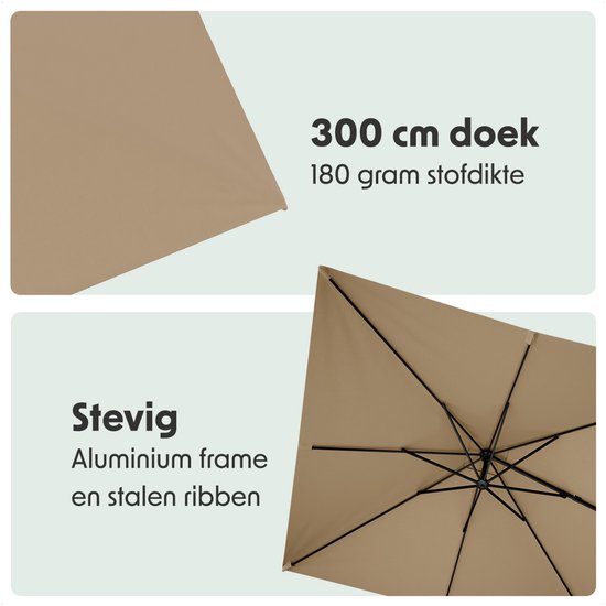 LifeGoods Parasol - 300x300 cm - Kantelbaar - 7 Standen - Waterdicht - met Hoes - Taupe