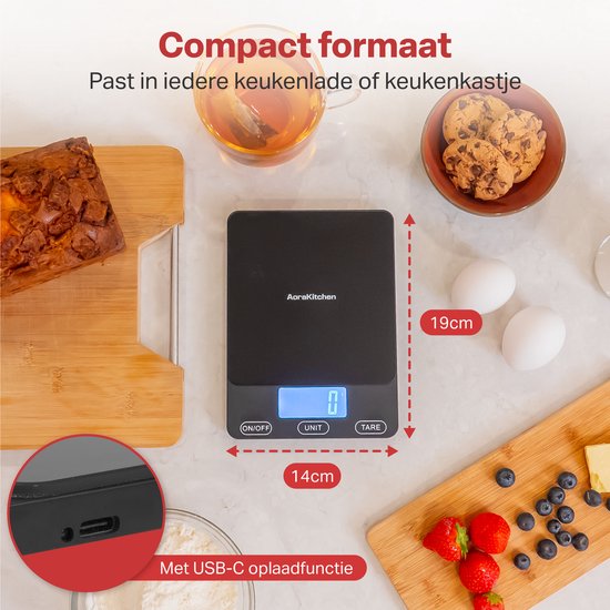AoraKitchen Keukenweegschaal Digitaal - Usb Oplaadbaar - 1g tot 15kg - Precisie Weegschaal - Tarra