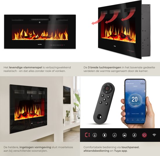 tectake® Wandhaard - Elektrische Haard - Sfeerhaard - 91,5 x 12 x 43 cm - 900W & 1800W - Bediening met Afstandsbediening of App - met Thermostaat - Kachel - met Verwarming - Haarden - Hout en Gloeieffecten - 3D Vlammen - Timer