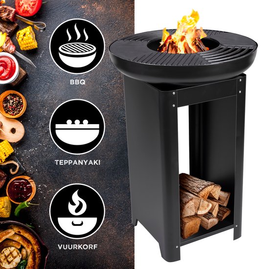 BBQ Collection 3-in-1 Vuurkorf en Grillplaat - Tuinhaard 61 x 90 cm - met Teppanyaki Bakplaat - Plancha BBQ met Brandhout Opslagplaats - Vuurkorf voor Buiten - Metaal