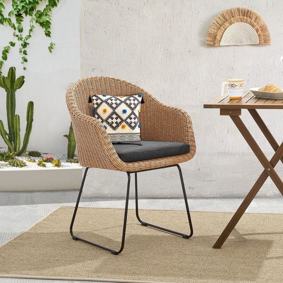 Juskys – Cody Rotan Tuinstoelen Set van 2 – 59 x 57 x 82 cm – Voorzien Van Comfortabele Zitkussens En Stalen Frame – Voor Terras En Eetkamer – Naturel Rotan En Staal