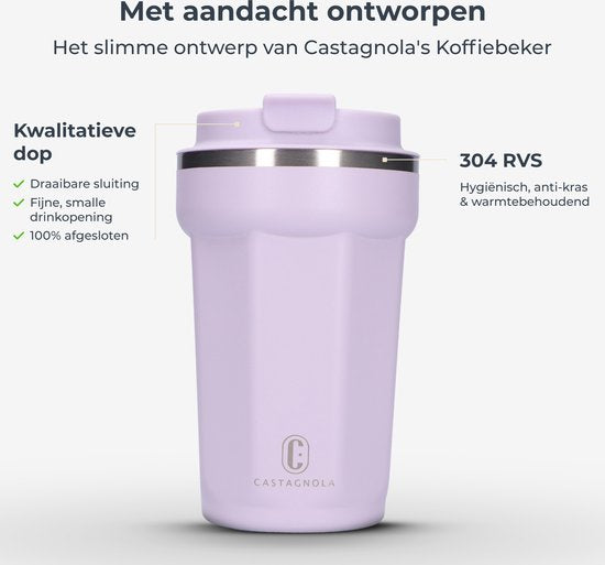 Castagnola Thermosbeker - Koffiebeker To Go - Travel Mug voor Koffie en Thee - Theebeker - 380 ML - RVS - Lichtpaars - Octagon
