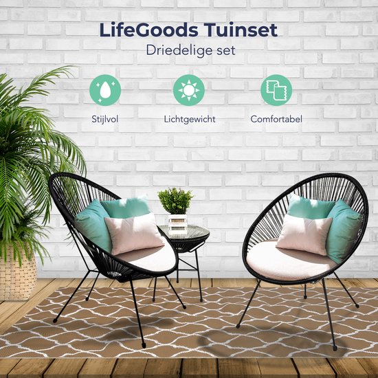 LifeGoods Acapulco Bistroset - 3-Delig - Tuinset met Bijzettafel - Zwart