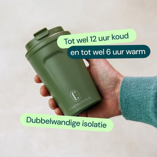 Castagnola Thermosbeker - Koffiebeker To Go - Reismok voor Koffie en Thee - Theebeker - 380 ML - RVS - Groen